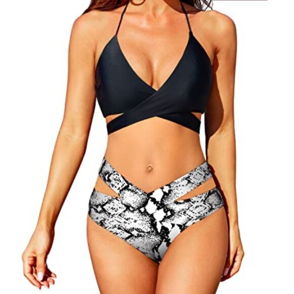 NEW 2-Pc Swimsuit Sz M High Waisted Bikini Set Black Snakeskin Bottoms Holipick - Picture 10 of 10